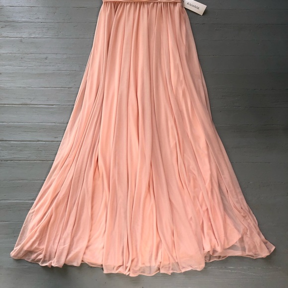 Kleinfeld Maxi Dress Size 12 Bridesmaid Peach Cold Off Shoulder Pleated Chiffon - Picture 4 of 14